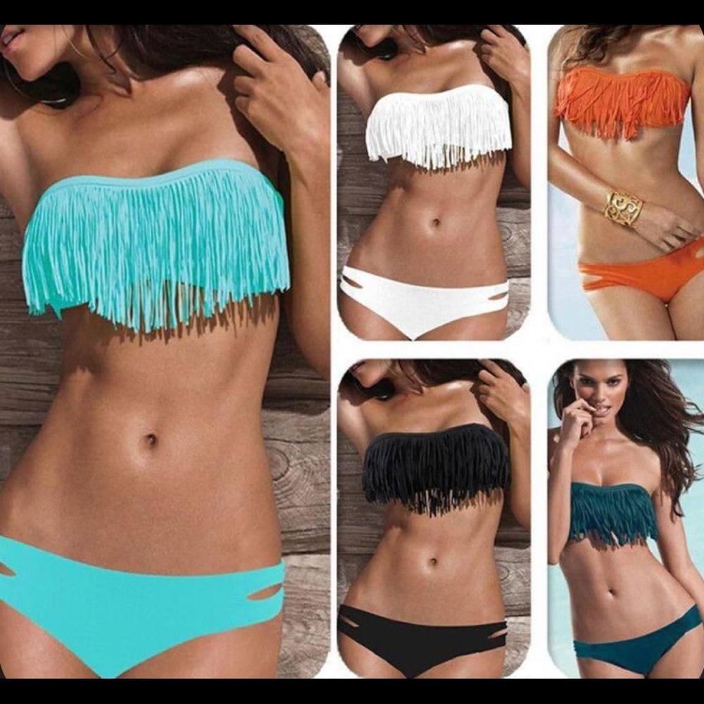 Fringe Bandeau Bikini Top Sz M